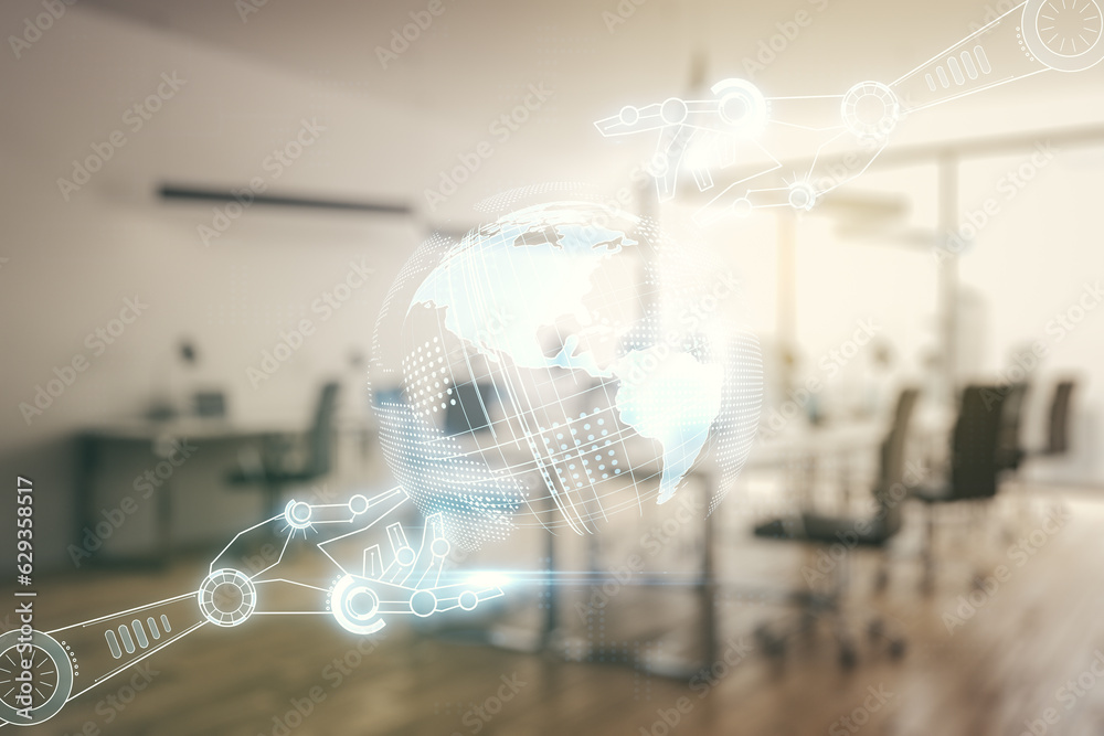 Aufkleber Double exposure of abstract virtual robotics technology with world map hologram on modern corporate office background. Research and development software concept