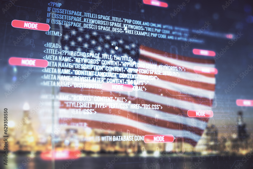 Poster multi exposure of abstract creative coding sketch on usa flag and blurry cityscape background, artif