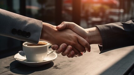 Fototapeta na wymiar couple's shaking hands on a successful business deal generative ai