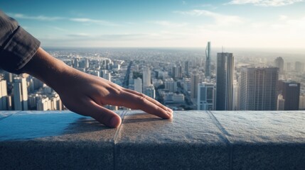 person's hand touching the edge of a skyscraper, looking out at the city below. generative ai