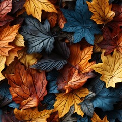 A seamless texture of autumn leaves on the ground. Generative AI. 