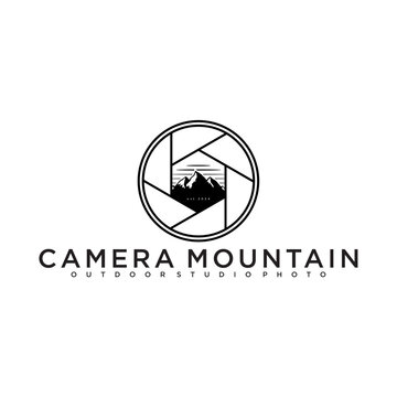 camera lens outdoor photography logo with nature mountain symbol vector illustration design