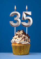 Horizontal birthday card with cake - Lit candle number 35 on blue background