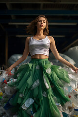 Fototapeta premium woman in a dress made of recycled plastic sustainability outfit Generative AI