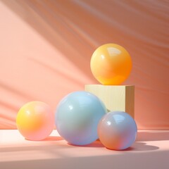 Creative fun concept of colorful helium balloons, balls surprise flying, party is in the air. Pastel pink background. Generative AI.