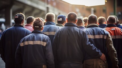 Fototapeta premium a group of factory workers seen from behind, doing a demonstration. Generative ai