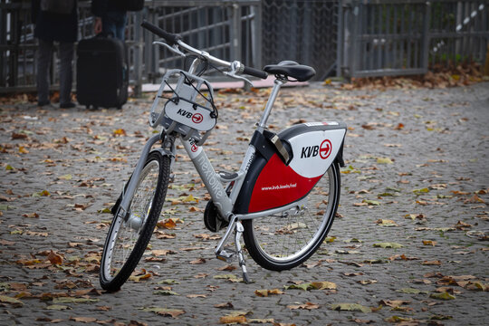 COLOGNE, GERMANY - NOVEMBER 6, 2022: Nextbike Koln logo on a bicycle of the company for rent in Cologne. Managed by KVB, Nextbike by Tier is a bike sharing company offering bicycle rental.
