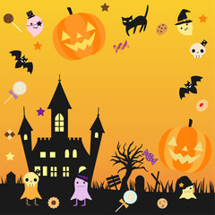 お化けやお菓子などをちりばめたハロウィンのカード　正方形バージョン