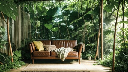 a couch in a room with a lot of plants on the wall and a rug on the floor in front of it