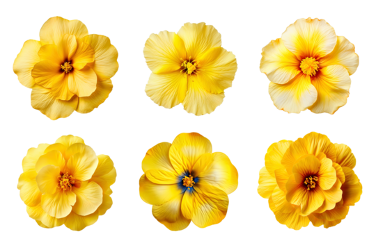 Selection of various yellow flowers isolated on transparent background