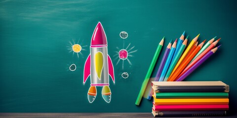 back to school on the blackboard with rocket and pencils