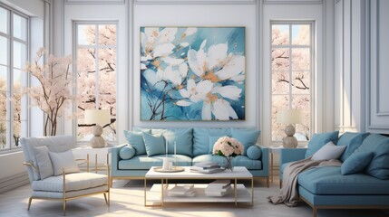 A modern living room with blue floral theme. Generative AI. 