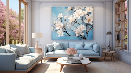 A modern living room with blue floral theme. Generative AI. 