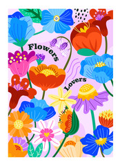Posters with spring flowers. Abstract flyer with flowering plants and leaves, buds and foliage. Beautiful bright design with bloom for greeting cards and brochures. Cartoon flat vector illustration