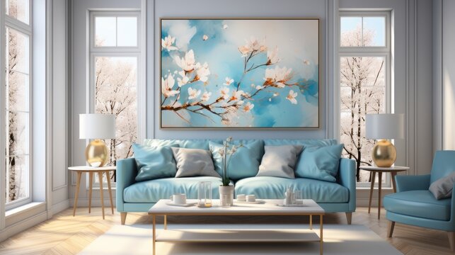 A modern living room with blue floral theme. Generative AI. 