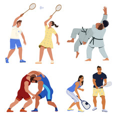 People and sports set. Characters do physical activity and martial arts, boxing and karate or taekwondo. Man and woman playing tennis and bumbinton. Cartoon flat vector isolated on white background