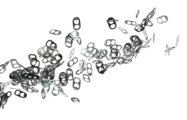 Can Caps fly in mid air, aluminium canned cap falling scatter, recycle from trash can cap explosion float. White background isolated freeze motion high speed shutter