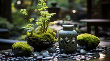 A mossy peaceful Asian themed garden. Generative AI. 