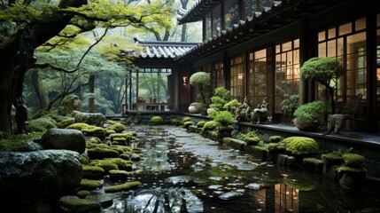 Fototapeta na wymiar A mossy peaceful Asian themed garden. Generative AI. 