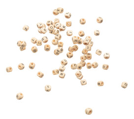 Alphabet letter word wooden bead explode fly in air. Many group of wooden bead screen type font of...
