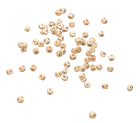 Alphabet letter word wooden bead explode fly in air. Many group of wooden bead screen type font of english letter word in alphabet. White background isolated