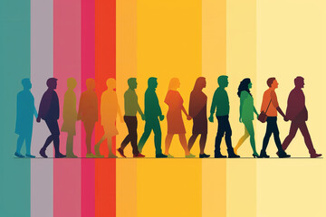 Group of divergent people over rainbow background. Community of diverse and multi-ethnic people. Acceptance and tolerance for individual differences.