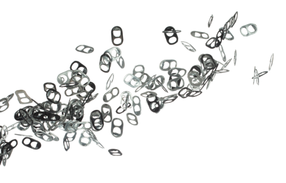 Can Caps fly in mid air, aluminium canned cap falling scatter, recycle from trash can cap explosion float. White background isolated freeze motion high speed shutter