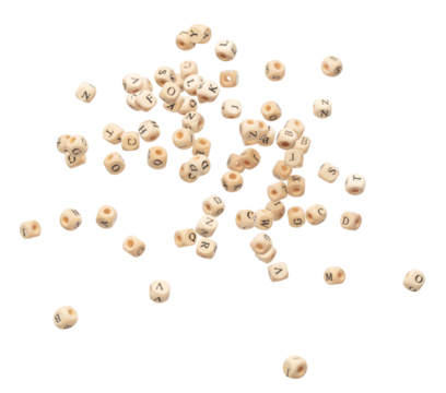 Alphabet letter word wooden bead explode fly in air. Many group of wooden bead screen type font of english letter word in alphabet. White background isolated