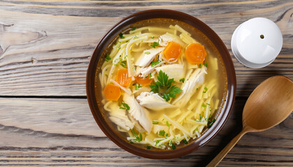 chicken soup with egg noodles on wooden background, top view, horizontal