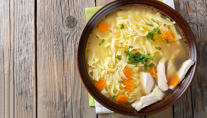 chicken soup with egg noodles on wooden background, top view, horizontal
