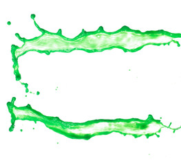 Green Matcha Milk Tea pour fall down, explosion in air. Green Matcha Milk Tea spill splash in shape form line as paint color. White background isolated high speed shutter freeze motion