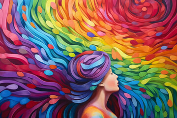 Woman with long rainbow coloured hair. Adult mental health concept. ASD, autism spectrum disorder awareness concept. Asperger's syndrome, early intervention.