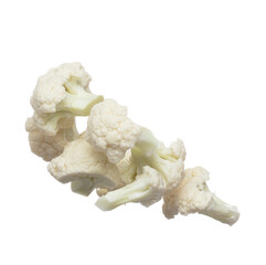 Cauliflower fly fall mid air, green fresh vegetable Cauliflower cut chop slice. Organic fresh vegetable Cauliflower, close up texture. White background isolated freeze motion high speed shutter