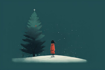 Small person wearing red clothes walking in snow covered landscape. Festive vibe, celebrating Christmas.