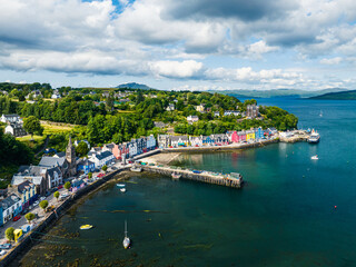 Naklejka na ściany i meble View of Marina in Tobermory from a drone, Isle of Mull, Scotland, UK