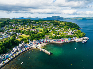 View of Marina in Tobermory from a drone, Isle of Mull, Scotland, UK