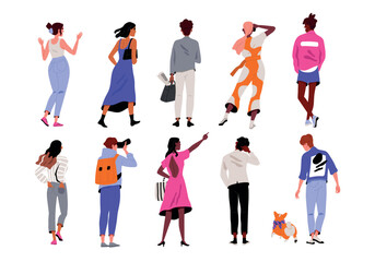 People back rear view set. Diverse characters turned backside in casual clothes. Young men and women from behind gesturing and waving hands. Cartoon flat vector collection isolated on white background