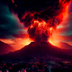 Fototapeta premium Volcano eruption over city lightens sky with lava