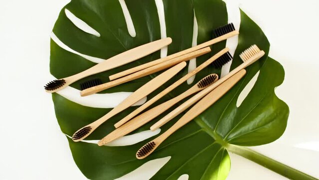 Eco-friendly biodegradable Bamboo toothbrush. No plastic. Conscious minimalism Vegan lifestyle. Reuse reduction concept. High quality 4k footage