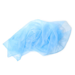 Beautiful light blue tulle fabric on white background, top view