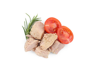 Delicious canned tuna chunks with tomatoes and rosemary isolated on white, top view