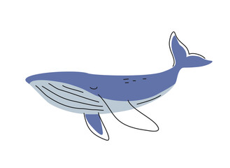 Cute friendly animal. Big blue outline whale for textile and wallpaper design. Doodle print with marine or ocean mammal character. Cartoon flat vector illustration isolated on white background