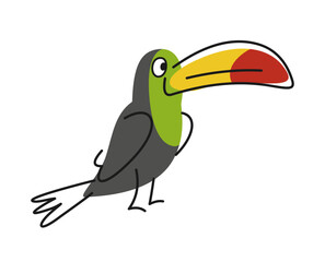 Fototapeta premium Cute friendly animal. Tropical bird with large beak in hand-drawn style. Doodle outline exotic toucan for wallpaper and textile design. Cartoon flat vector illustration isolated on white background