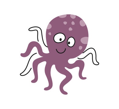 Cute friendly animal. Outline marine octopus with tentacles. Underwater life with funny character in doodle style for wallpaper design. Cartoon flat vector illustration isolated on white background