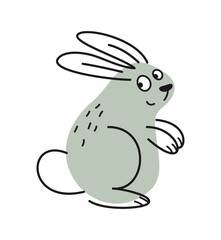 Cute friendly animal. Funny gray linear hare or rabbit in hand drawn doodle style. Bunny with ears for fabric and wallpaper design. Cartoon flat vector illustration isolated on white background