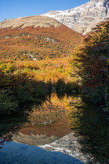 Autumn landscape with river and mountain reflected in the water.in the desert lagoon area, Santa Cruz Province, Argentine Patagonia.