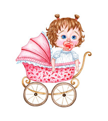 Watercolor illustration Baby pink pram with little girl, newborn car, pram drawing with flowers. Patterns for fabric textiles of children's clothing, wallpaper, wrapping paper, packaging, design.