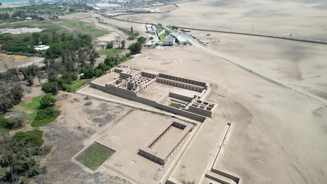 Aerial drone view of Archaeological Sanctuary of Pachacamac, Inca religious veneration center near Lima in Peru