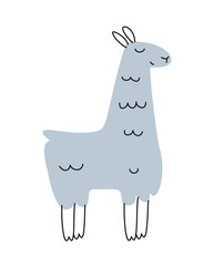 Cute African animal. Adorable llama or alpaca with blue fur in doodle style. Hand drawn character for wrapping and textile design. Cartoon flat vector illustration isolated on white background © Rudzhan