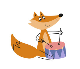 Cute smiling animal. Funny red fox plays drums in doodle style. Outline print with forest character for holiday cards and posters. Cartoon flat vector illustration isolated on white background